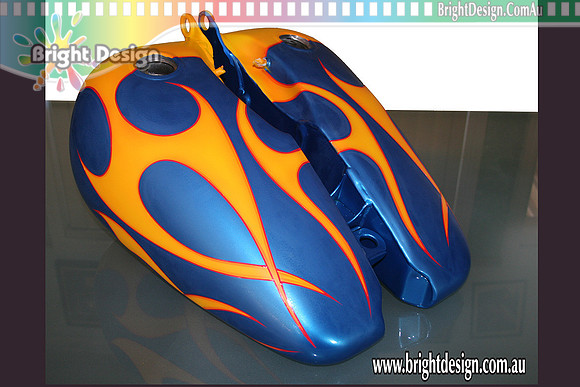 LA Harley Motorcycle Tanks Guards Yellow Flames on Blue  Custom Airbrushed by Bright Design Airbrushing Studio (1)
