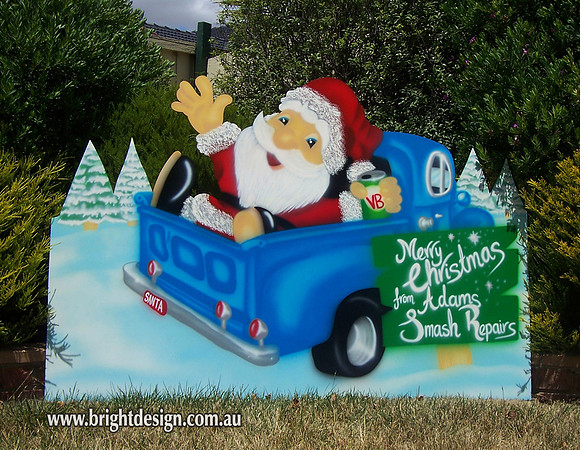 2- S-35 Drunk Santa in Blue Australian Ute Custom Airbrushed for Commercial Christmas Display