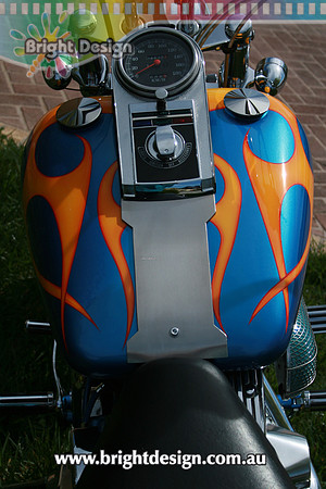 pa Harley Fuel Tank Flames Yellow on Blue pinstriping Custom Airbrushing by Bright Design (100) www