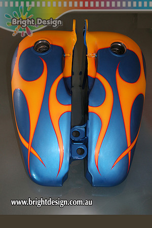 pa Harley Motorcycle Tanks Yellow Flames on Blue 9a Custom Airbrushed by Bright Design Airbrushing Studio
