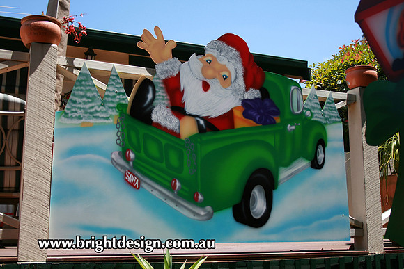 2- S-36 CG Jolly Santa in Green Aussie Ute Outside Christmas Display