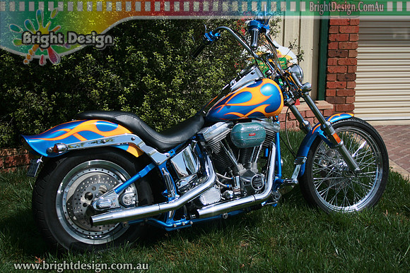 LA Harley Motorcycle Tanks Guards Yellow Flames on Blue  Custom Airbrushed by Bright Design Airbrushing Studio (7)